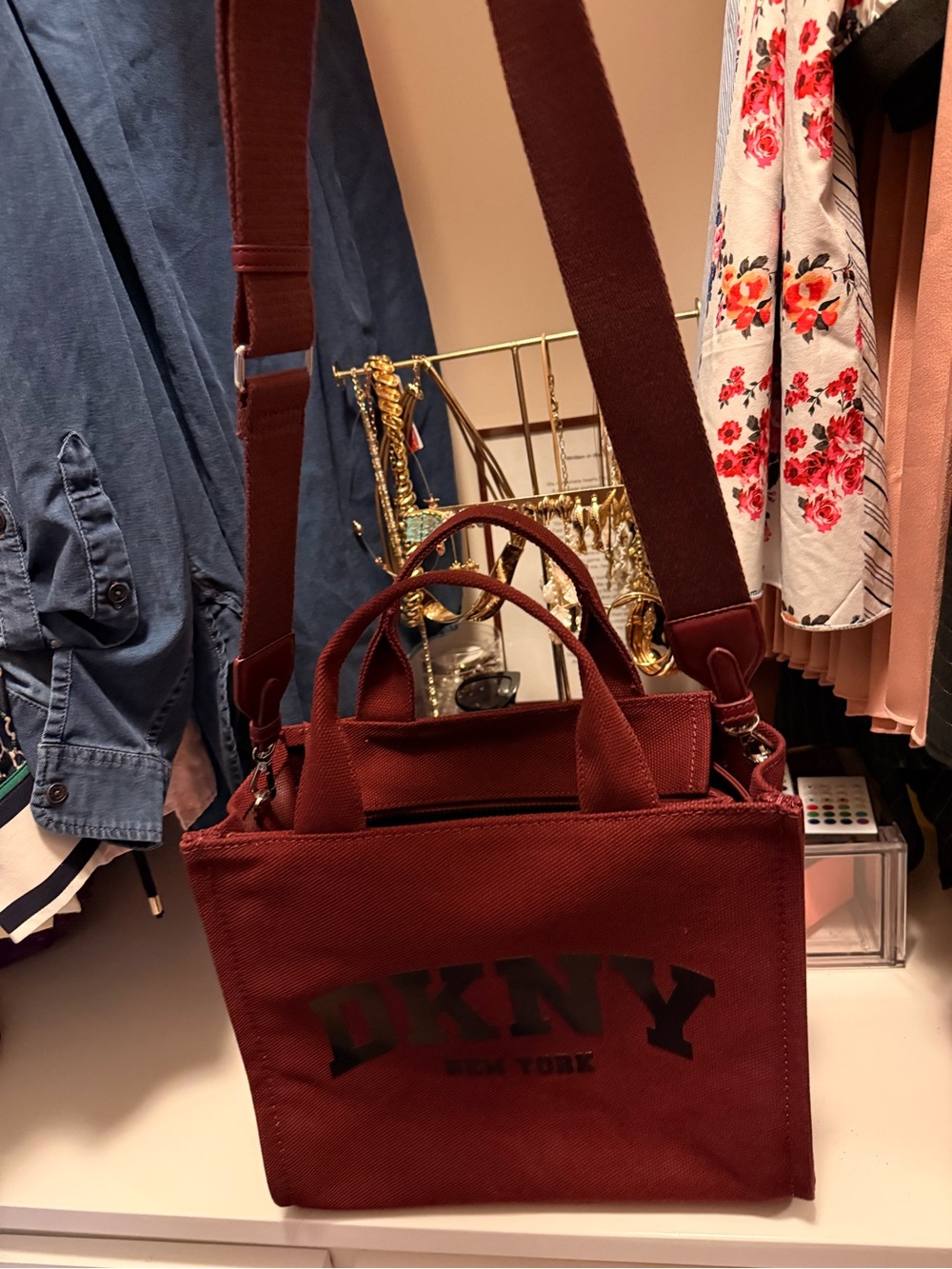 DKNY Maroon Crossbody Canvas Tote with Top Handles